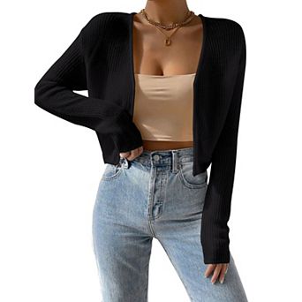 Womens Open Front Cropped Cardigan Long Sleeve Ribbed Knit Classic Solid Bolero Shrugs for Dress