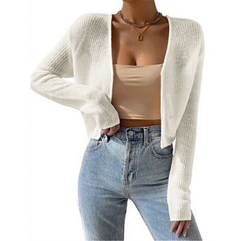 Womens Open Front Cropped Cardigan Long Sleeve Ribbed Knit Classic Solid Bolero Shrugs for Dress