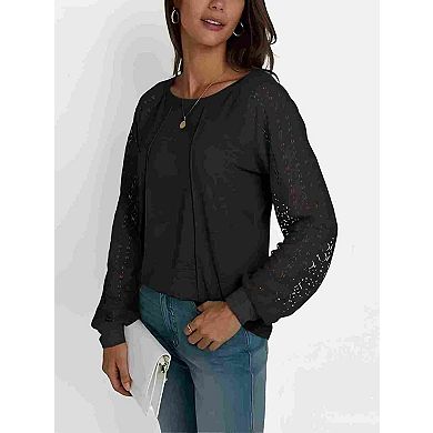 Women's Chic Lace Spliced Crew Neck Blouse Pleated Long Sleeve Tops