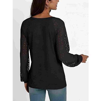 Women's Chic Lace Spliced Crew Neck Blouse Pleated Long Sleeve Tops