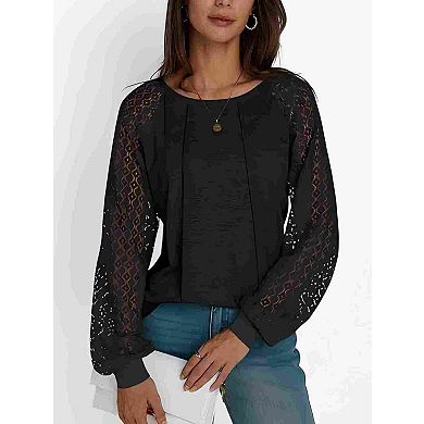 Women's Chic Lace Spliced Crew Neck Blouse Pleated Long Sleeve Tops