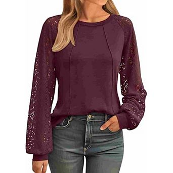 Women's Chic Lace Spliced Crew Neck Blouse Pleated Long Sleeve Tops