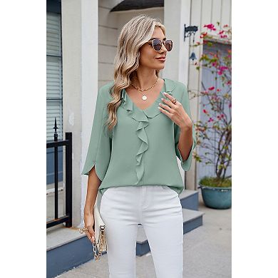 Women's Casual Ruffled V Neck Chiffon 3/4 Sleeve Split Cuff Tops for Everyday Wear