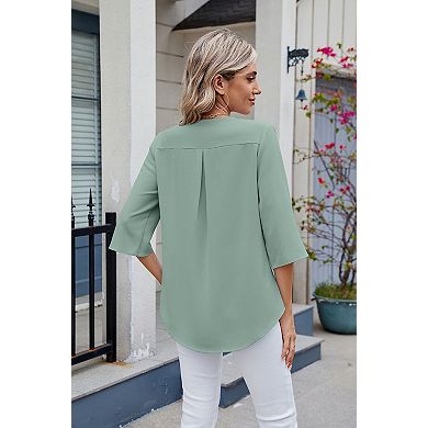 Women's Casual Ruffled V Neck Chiffon 3/4 Sleeve Split Cuff Tops for Everyday Wear
