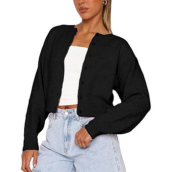 Women's Trendy Cropped Cardigan Crew Neck Long Sleeve Button Front Lightweight Knit Pullover