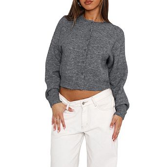 Women's Trendy Cropped Cardigan Crew Neck Long Sleeve Button Front Lightweight Knit Pullover