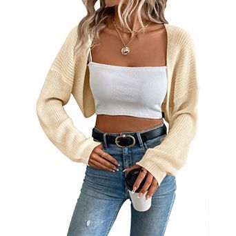 Womens Open Front Crop Cardigan Lightweight Rib Knit Cardigans Long Sleeve Solid Bolero Shrugs