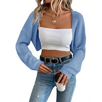 Womens Open Front Crop Cardigan Lightweight Rib Knit Cardigans Long Sleeve Solid Bolero Shrugs