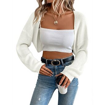 Womens Open Front Crop Cardigan Lightweight Rib Knit Cardigans Long Sleeve Solid Bolero Shrugs