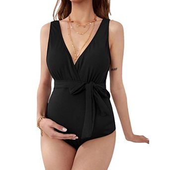 Maternity One Piece Swimsuit Front Tied Deep V Neck Swimwear for Pregnant Women