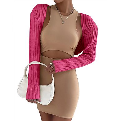 Womens Summer Crop Bolero Cardigan Sweater Long Sleeve Basic Open Front Knit Shrugs for Dress