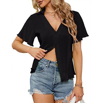 Women’s Collared V Neck Button Down Cardigan Short Sleeve Knit Lightweight Casual Sweater
