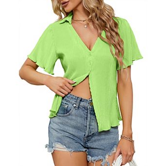 Women’s Collared V Neck Button Down Cardigan Short Sleeve Knit Lightweight Casual Sweater