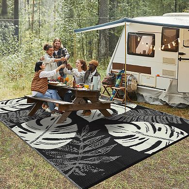 Modern Leaf Outdoor Area Rug Reversible Light Weight Stain Resistant Mat for RV Trip Picnic