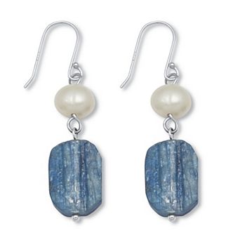 Genuine Blue Sodalite and Cultured Freshwater Pearl Silvertone Drop Earrings
