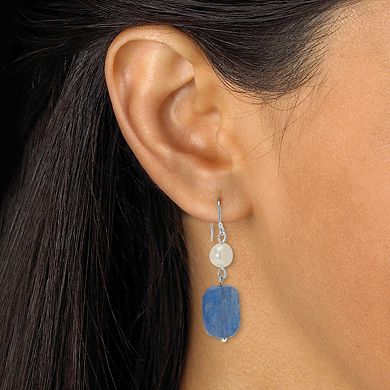 Genuine Blue Sodalite and Cultured Freshwater Pearl Silvertone Drop Earrings