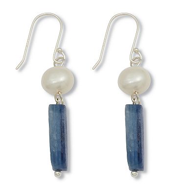 Genuine Blue Sodalite and Cultured Freshwater Pearl Silvertone Drop Earrings