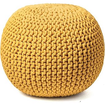 Yellow Hand-Knitted 100% Cotton Round Pouf Ottoman Footstool Chair