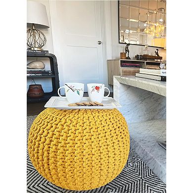 Yellow Hand-Knitted 100% Cotton Round Pouf Ottoman Footstool Chair