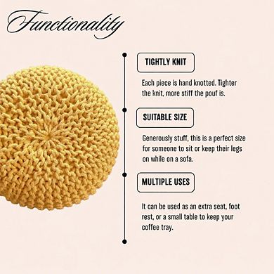 Yellow Hand-Knitted 100% Cotton Round Pouf Ottoman Footstool Chair