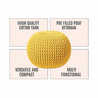Yellow Hand-Knitted 100% Cotton Round Pouf Ottoman Footstool Chair