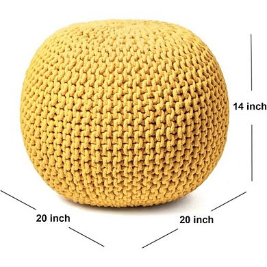 Yellow Hand-Knitted 100% Cotton Round Pouf Ottoman Footstool Chair