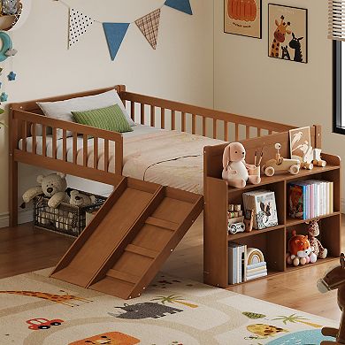 Merax Twin Size Wooden Platform Bed Frame with Storage Shelf, Slide, Ladder, and Guardrail