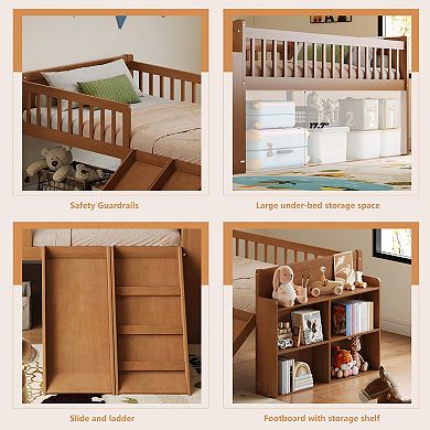 Merax Twin Size Wooden Platform Bed Frame with Storage Shelf, Slide, Ladder, and Guardrail