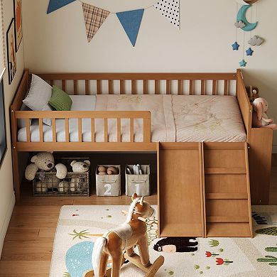 Merax Twin Size Wooden Platform Bed Frame with Storage Shelf, Slide, Ladder, and Guardrail