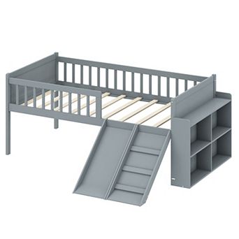 Merax Twin Size Wooden Platform Bed Frame with Storage Shelf, Slide, Ladder, and Guardrail