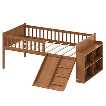 Merax Twin Size Wooden Platform Bed Frame with Storage Shelf, Slide, Ladder, and Guardrail