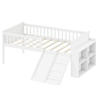 Merax Twin Size Wooden Platform Bed Frame with Storage Shelf, Slide, Ladder, and Guardrail