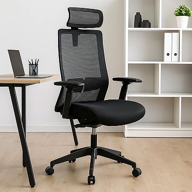 Rolling Office Chair with Headrest, Black Mesh, Foam, Swivel Seat