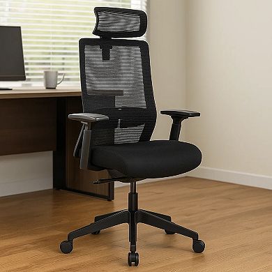 Rolling Office Chair with Headrest, Black Mesh, Foam, Swivel Seat