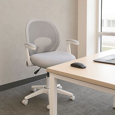Rolling Task Chair with Flip Arms, Grey Mesh, Fabric Seat, White