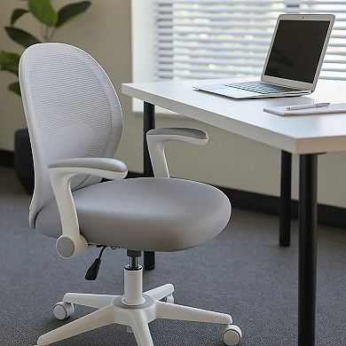 Rolling Task Chair with Flip Arms, Grey Mesh, Fabric Seat, White
