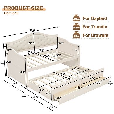 Merax Twin Size Daybed with Trundle, Twin Size Daybed with 2 Storage Drawers, Wooden Sofa Bed