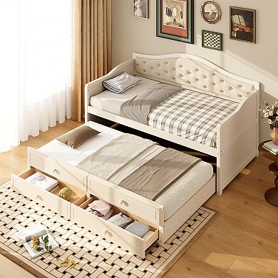 Merax Twin Size Daybed with Trundle, Twin Size Daybed with 2 Storage Drawers, Wooden Sofa Bed