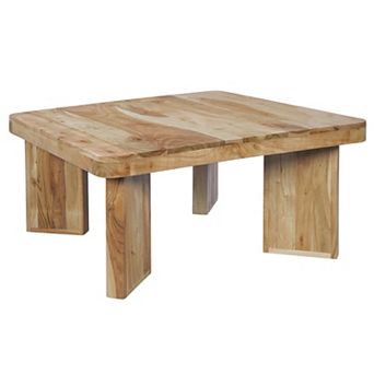 Cascade 32 Inch Coffee Table, Handcrafted Natural Acacia Wood, Square with Diagonal Wide Panel Legs