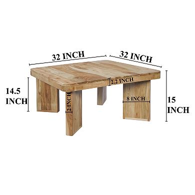 Cascade 32 Inch Coffee Table, Handcrafted Natural Acacia Wood, Square with Diagonal Wide Panel Legs