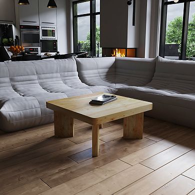 Cascade 32 Inch Coffee Table, Handcrafted Natural Acacia Wood, Square with Diagonal Wide Panel Legs