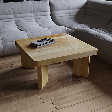 Cascade 32 Inch Coffee Table, Handcrafted Natural Acacia Wood, Square with Diagonal Wide Panel Legs