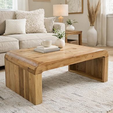 Cascade 36 Inch Coffee Table, Handcrafted Natural Acacia Wood, Rectangular Curved Waterfall Top