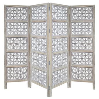 Taj 4 Panel Folding Room Divider Screen, Antique White Mango Wood, Floral Carved Design
