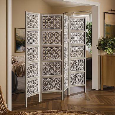 Taj 4 Panel Folding Room Divider Screen, Antique White Mango Wood, Floral Carved Design