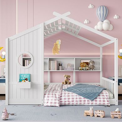 Merax Floor House Bed for Toddler, Kids Montessori Bed with Storage Shelf