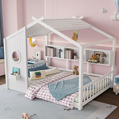 Merax Floor House Bed for Toddler, Kids Montessori Bed with Storage Shelf