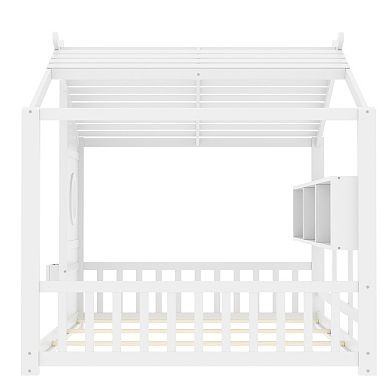 Merax Floor House Bed for Toddler, Kids Montessori Bed with Storage Shelf