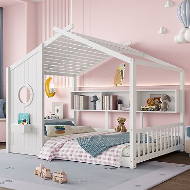 Merax Floor House Bed for Toddler, Kids Montessori Bed with Storage Shelf