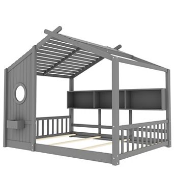 Merax Floor House Bed for Toddler, Kids Montessori Bed with Storage Shelf